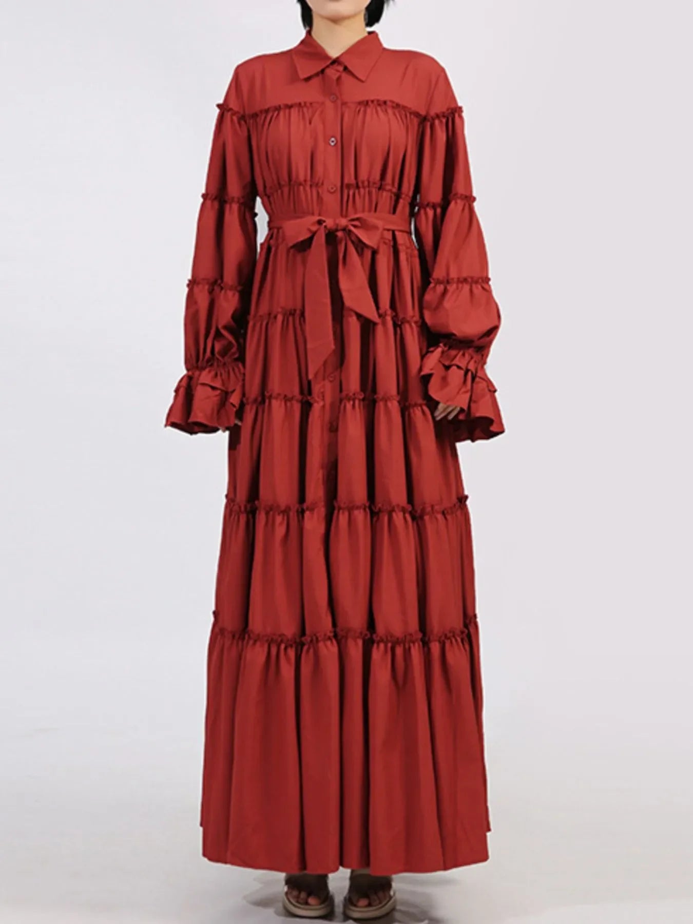 Tiered Tie Waist Maxi Dress - minbolu -