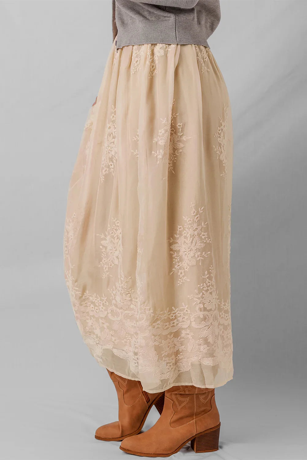 Oatmeal Embroidered Mesh Overlay Flowy Long Skirt - minbolu -