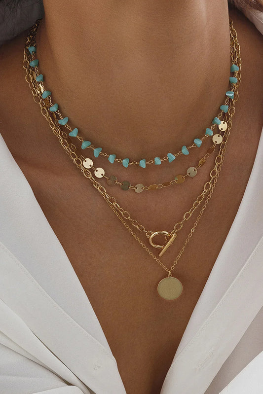 Gold Boho Circle Pendant Multi-Layered Necklace Set - minbolu -