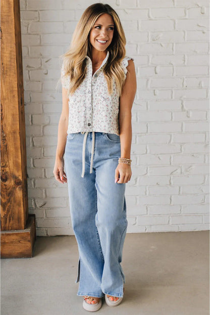 Myosotis Side Slit High Rise Drawstring Casual Jeans - minbolu -