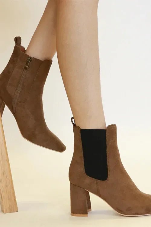 Beast Fashion Faux Suede Block Heel Chelsea Boots with Elastic Side Panel | Women's Ankle Boots - minbolu