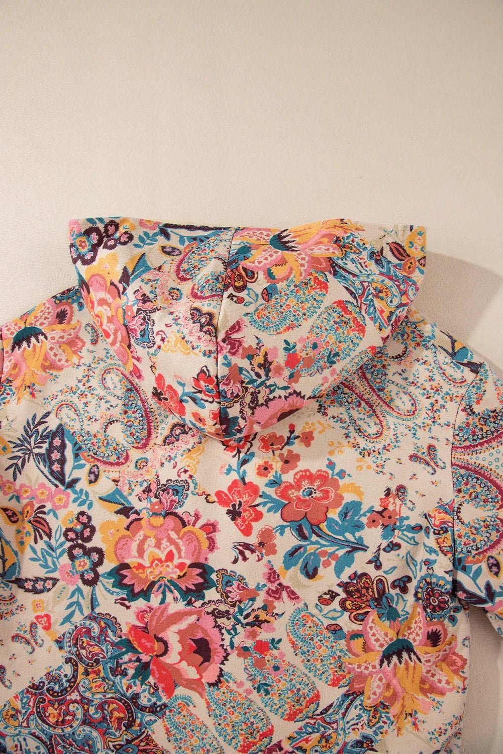 Beige Vintage Paisley Floral Printed Sherpa Lined Hooded Jacket - minbolu