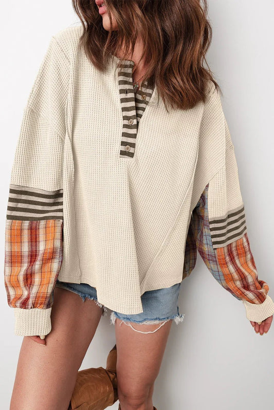 Beige Waffle Patchwork Henley Top – Cozy & Chic - minbolu