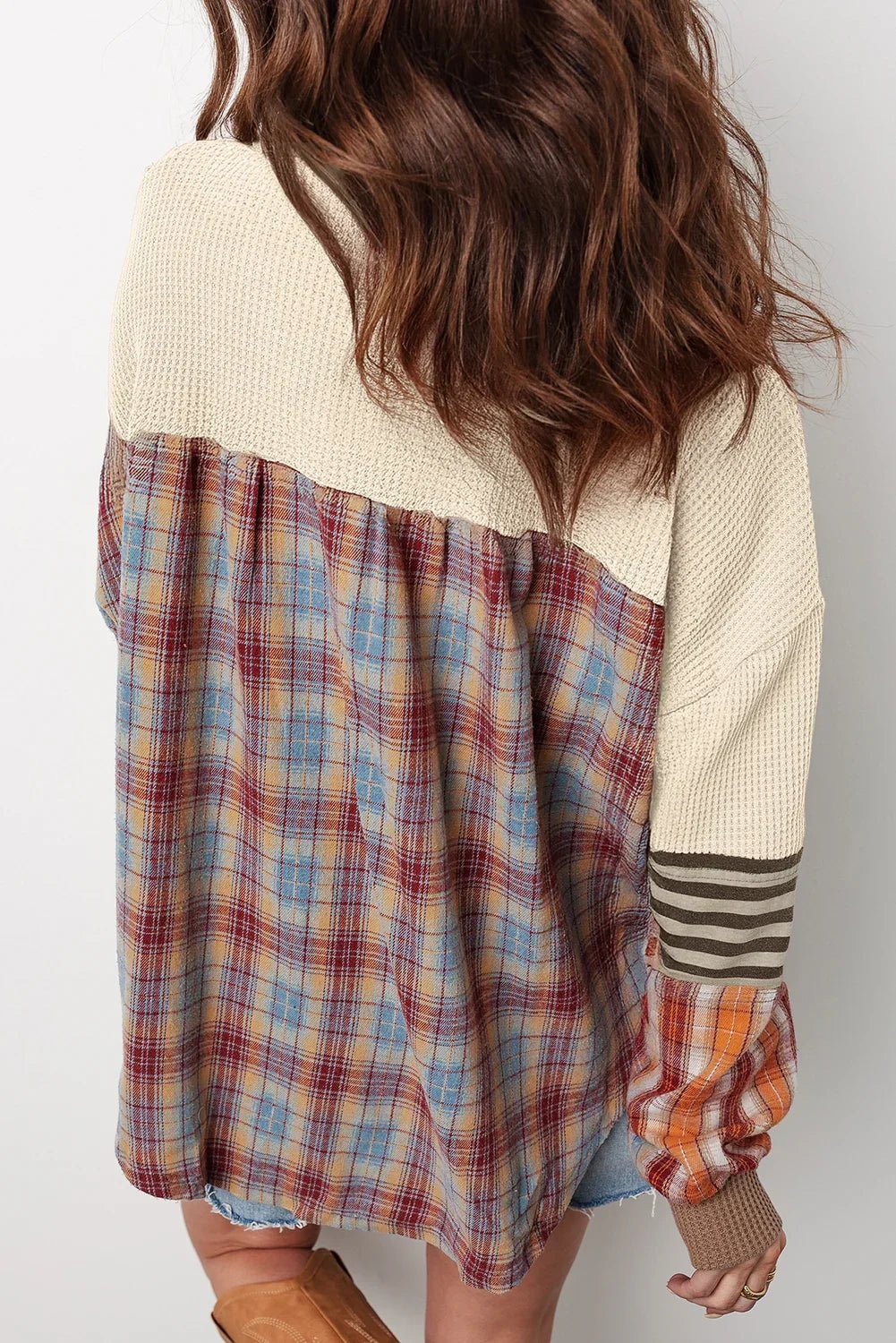 Beige Waffle Patchwork Henley Top – Cozy & Chic - minbolu