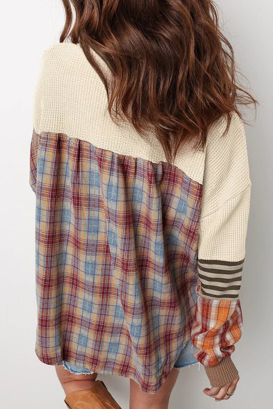 Beige Waffle Patchwork Henley Top – Cozy & Chic - minbolu