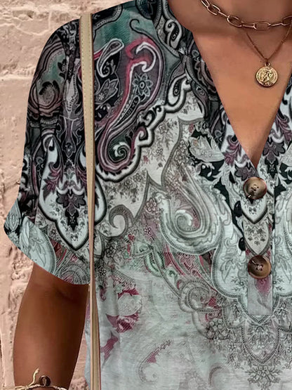 Printed Notched Short Sleeve Blouse - Stylish Design - minbolu -