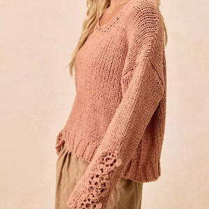 BiBi Chunky Knit Sweater with Flower Detail Sleeves - minbolu -
