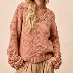 BiBi Chunky Knit Sweater with Flower Detail Sleeves - minbolu -