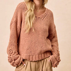 BiBi Chunky Knit Sweater with Flower Detail Sleeves - minbolu -