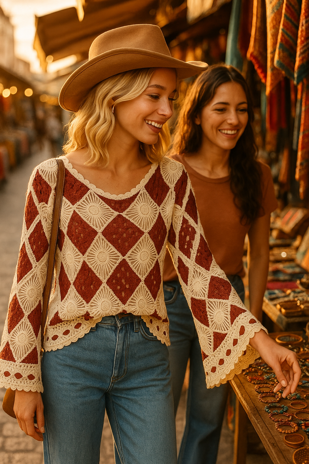 Woman in knit top from minbolu, jeans, and a hat walking through a market