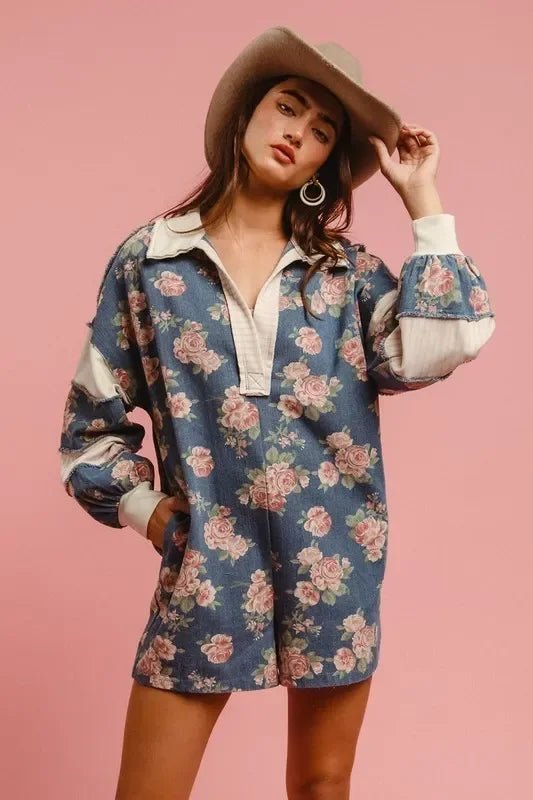 BiBi Washed Floral Denim Romper With Contrast Collar - minbolu