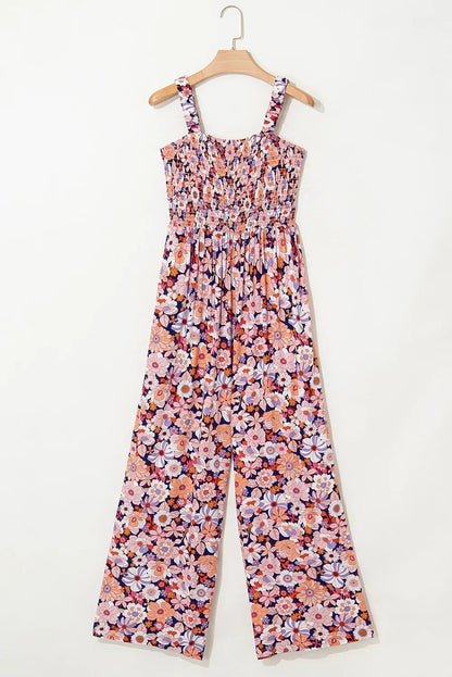 Black Floral Square Neckline Stretch High Waist Jumpsuit - minbolu