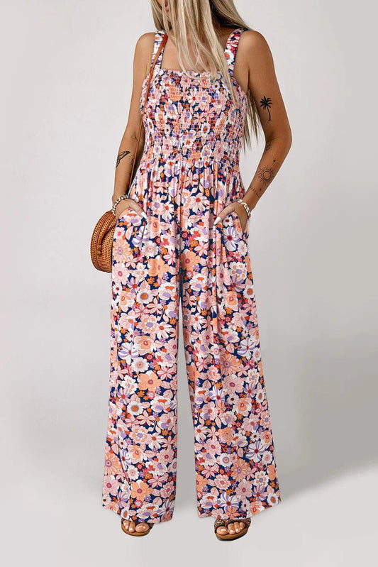 Black Floral Square Neckline Stretch High Waist Jumpsuit - minbolu