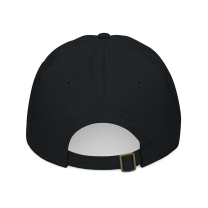 Black cap with a white patch on the back on a white background