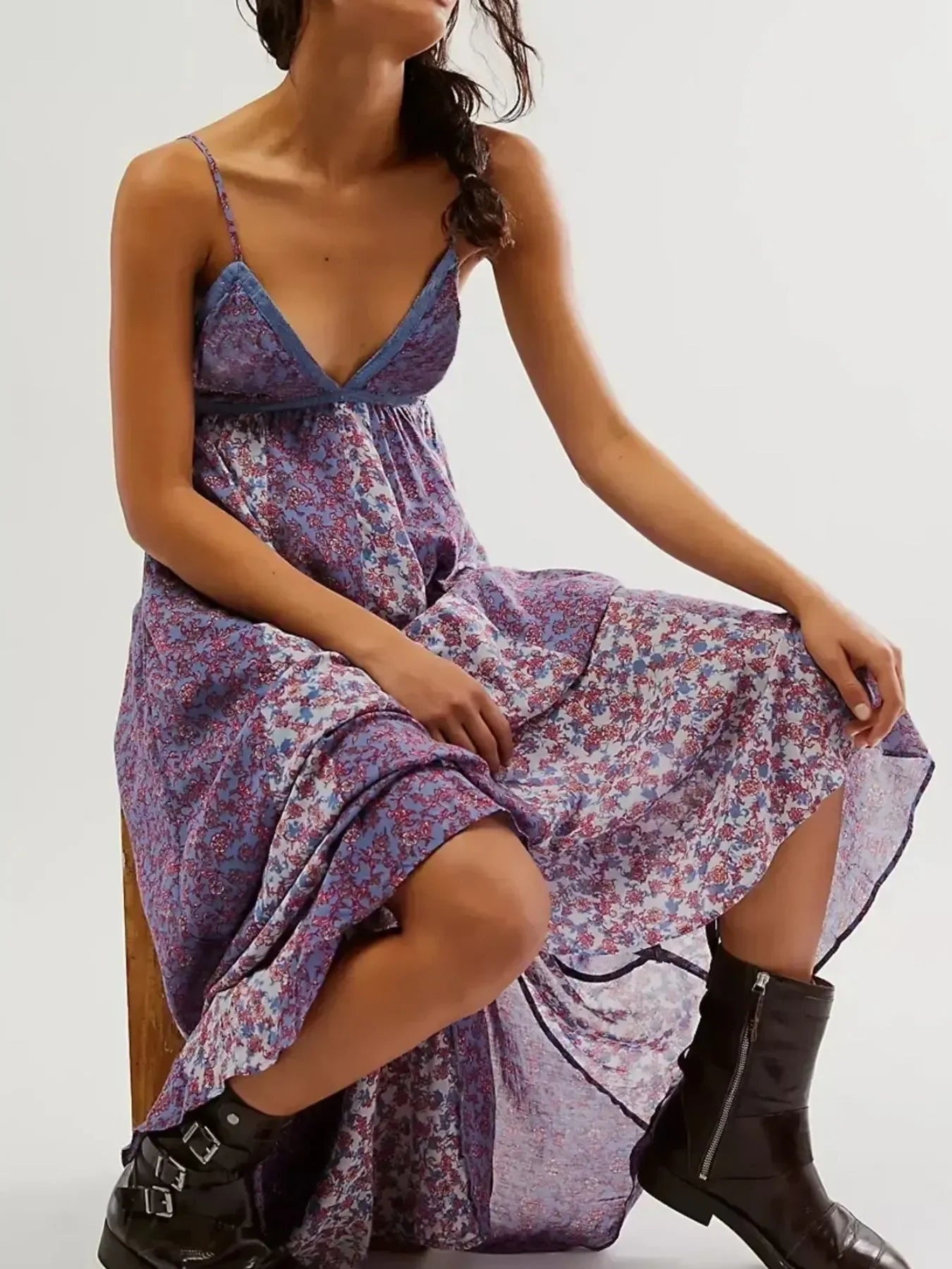 Bloom & Breeze Floral V-Neck Maxi Cami Dress - minbolu -