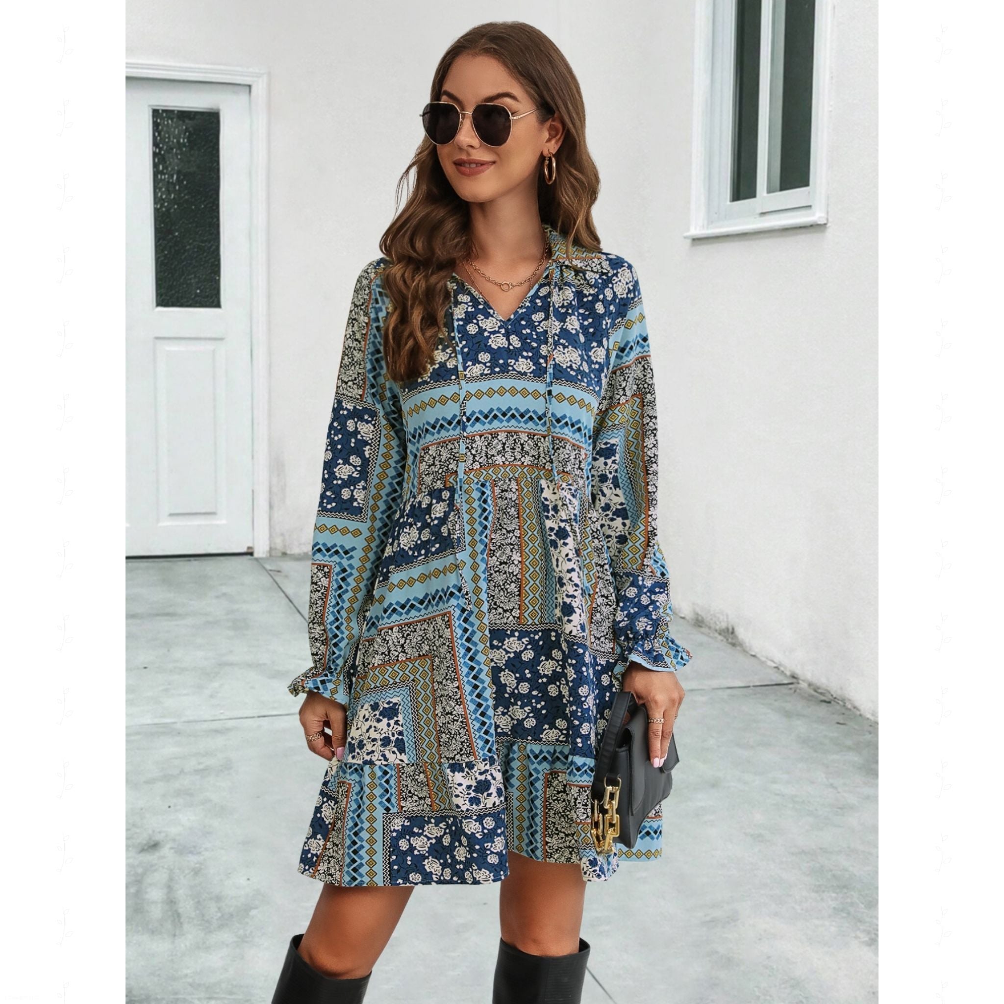 Floral Print Collared Mini Dress - Long Sleeve Boho Dress with Ruffle Details - minbolu