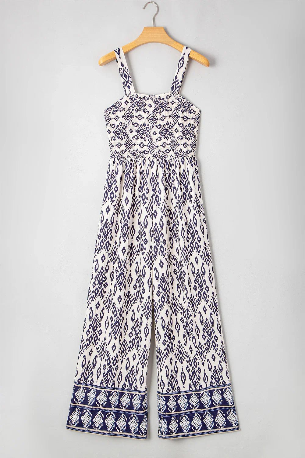 Blue Boho Geometric Print Smocked High Waist Wide Leg Jumpsuit - minbolu -