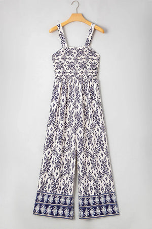 Blue Boho Geometric Print Smocked High Waist Wide Leg Jumpsuit - minbolu -