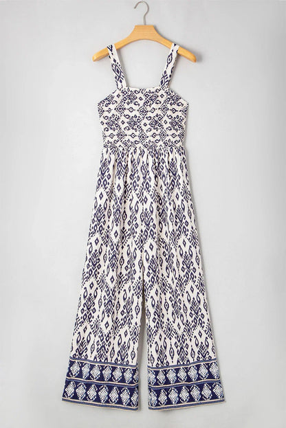 Blue Boho Geometric Print Smocked High Waist Wide Leg Jumpsuit - minbolu -