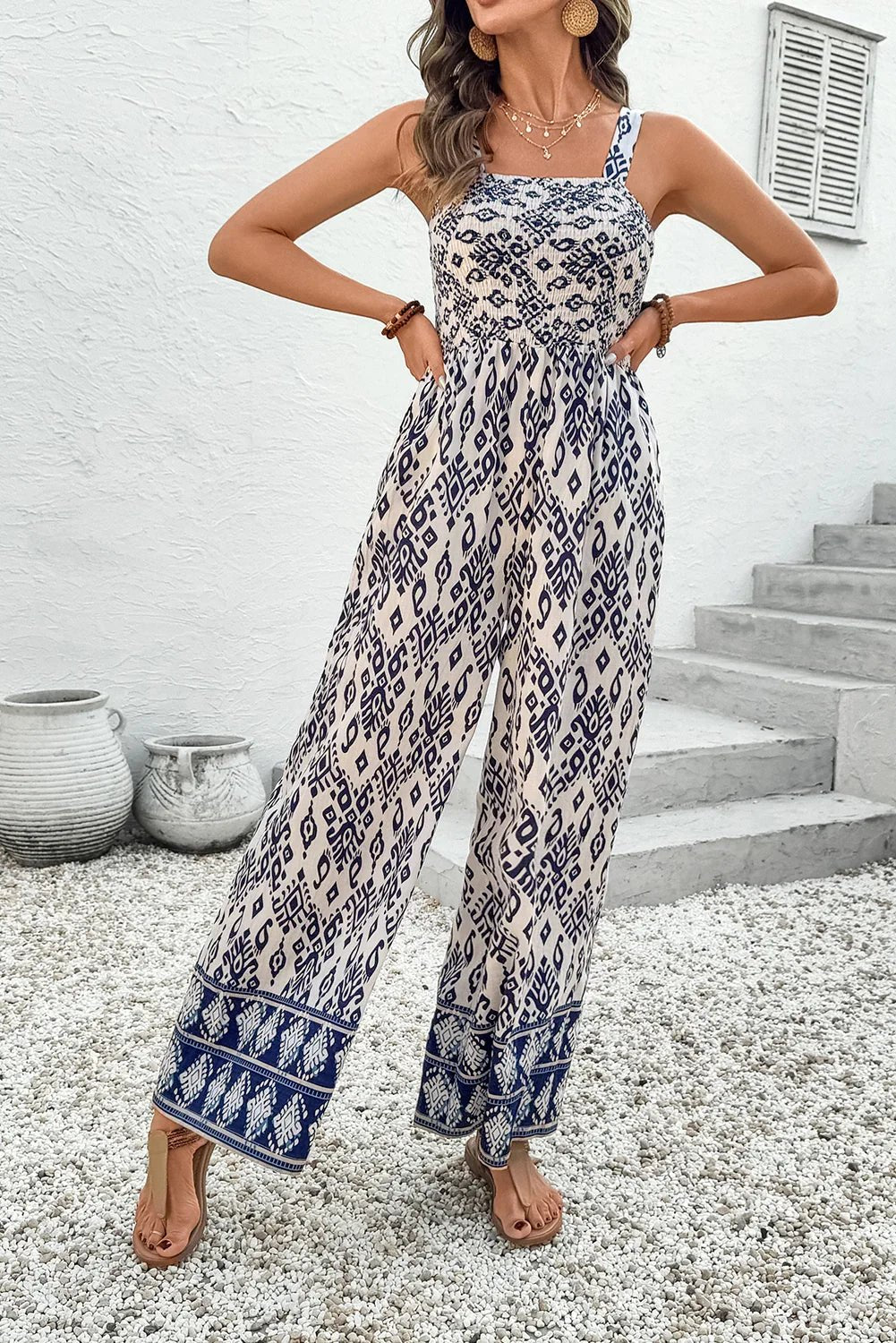 Blue Boho Geometric Print Smocked High Waist Wide Leg Jumpsuit - minbolu -