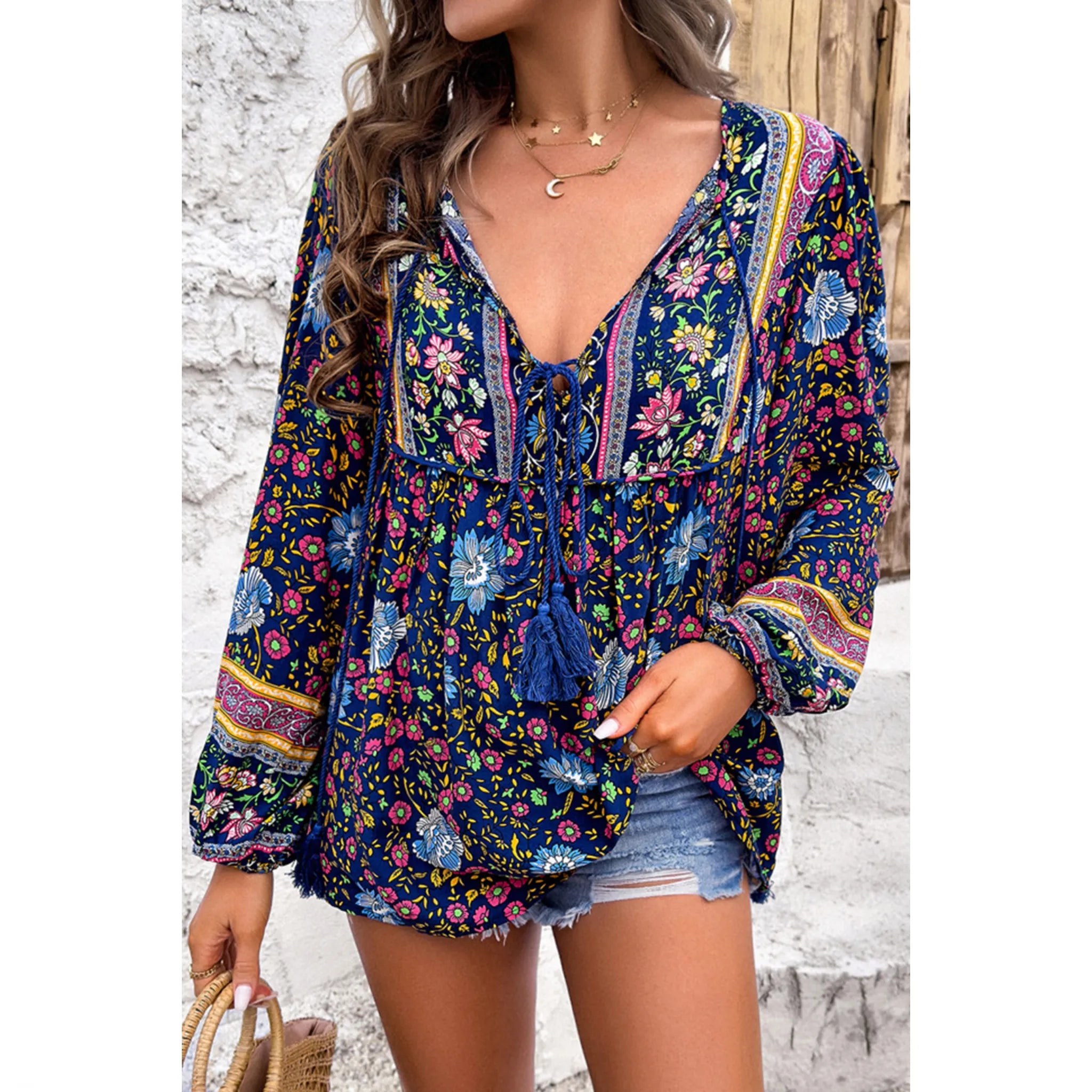 Blue Bohemian Floral Print Tassel Tie Front Long Sleeve Blouse