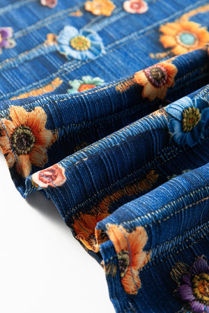 Close-up of blue fabric with floral patterns on a white background