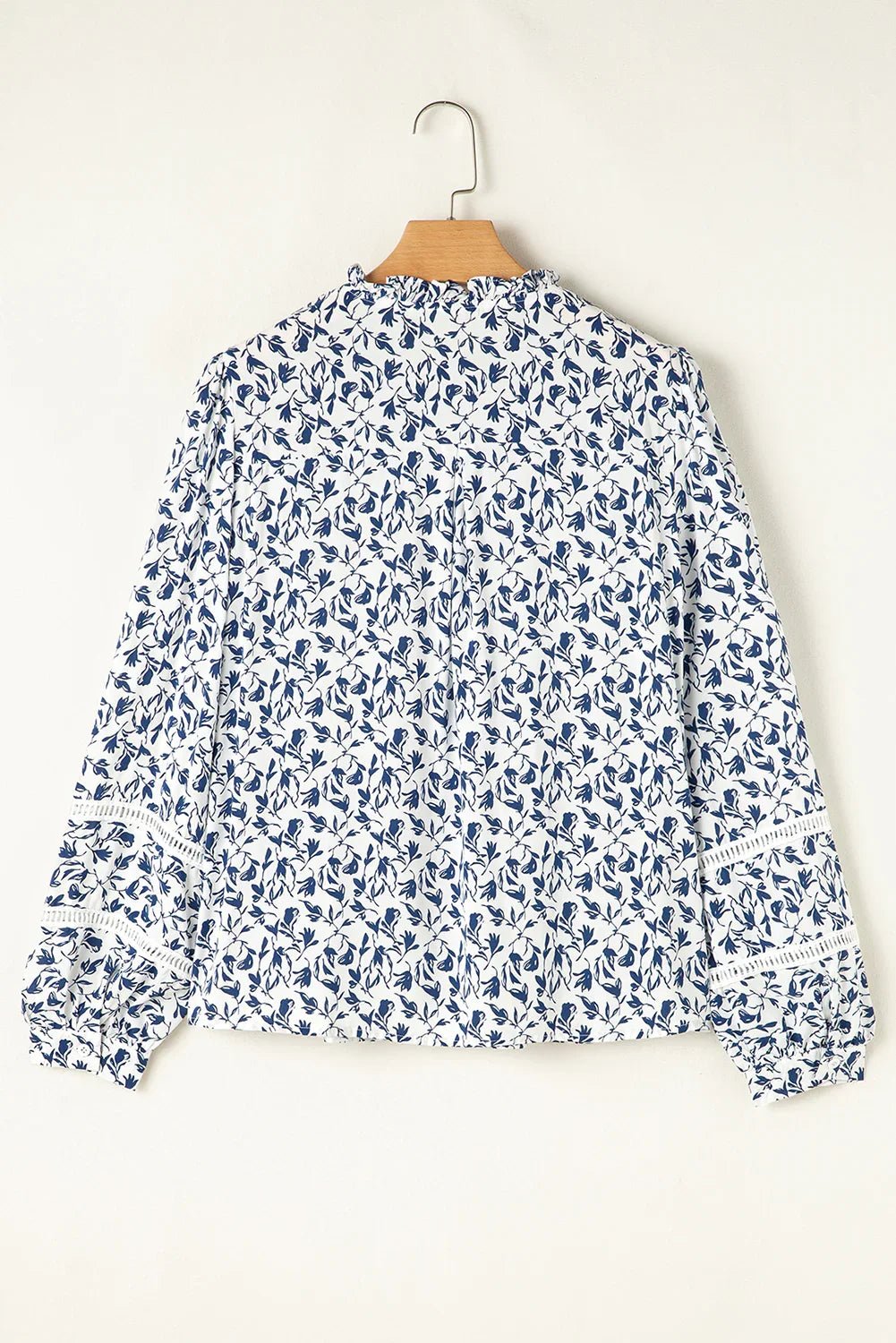Blue Floral Print Lace Detail Puff Sleeve Shirt - minbolu