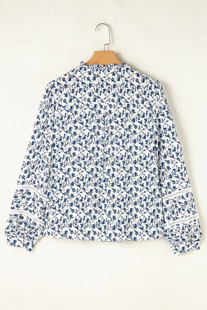 Blue Floral Print Lace Detail Puff Sleeve Shirt - minbolu