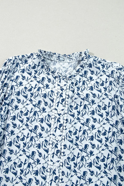 Blue Floral Print Lace Detail Puff Sleeve Shirt - minbolu