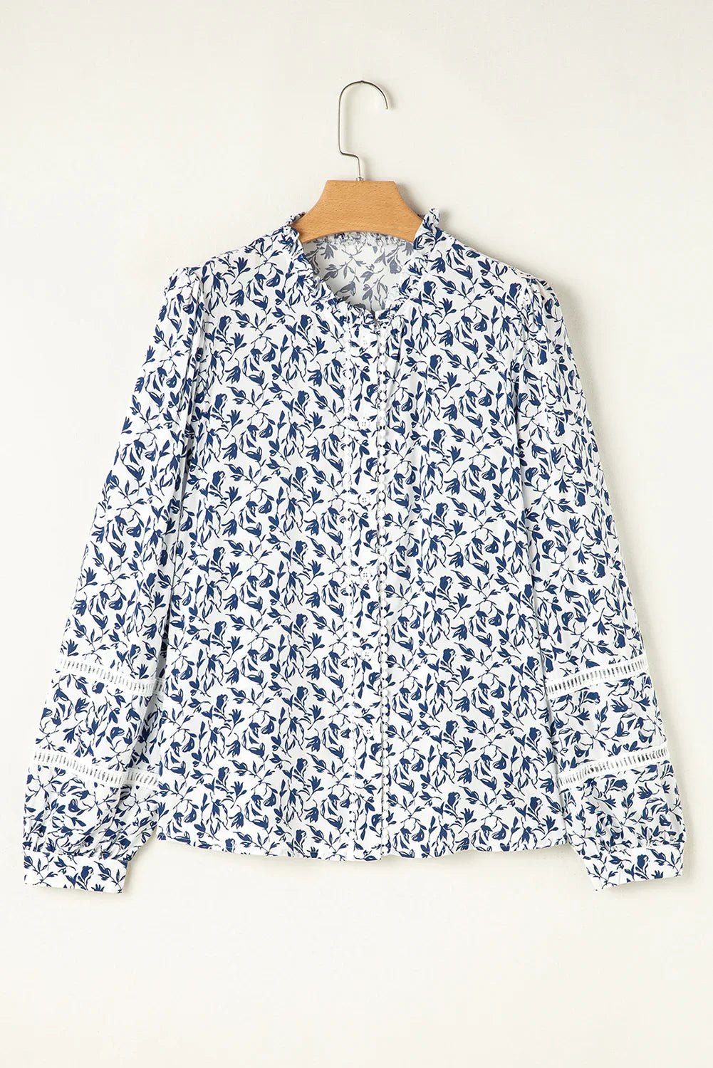 Blue Floral Print Lace Detail Puff Sleeve Shirt - minbolu