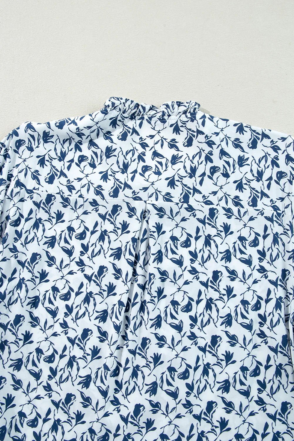 Blue Floral Print Lace Detail Puff Sleeve Shirt - minbolu