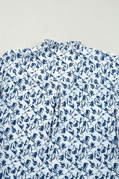 Blue Floral Print Lace Detail Puff Sleeve Shirt - minbolu