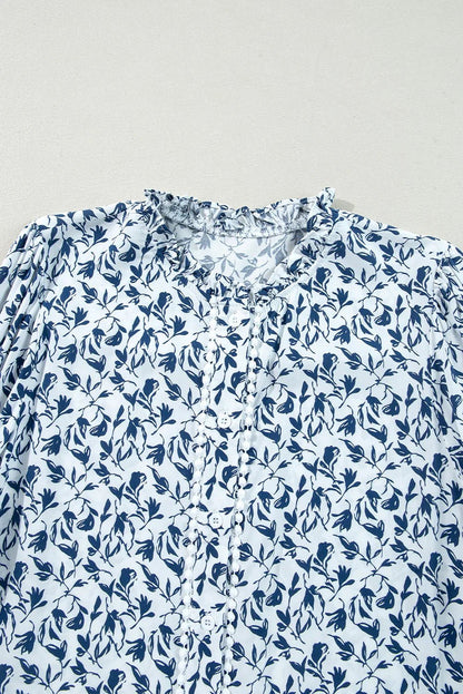 Blue Floral Print Lace Detail Puff Sleeve Shirt - minbolu