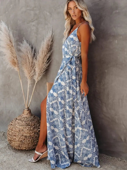 Printed Tied Maxi Cami Dress - minbolu -
