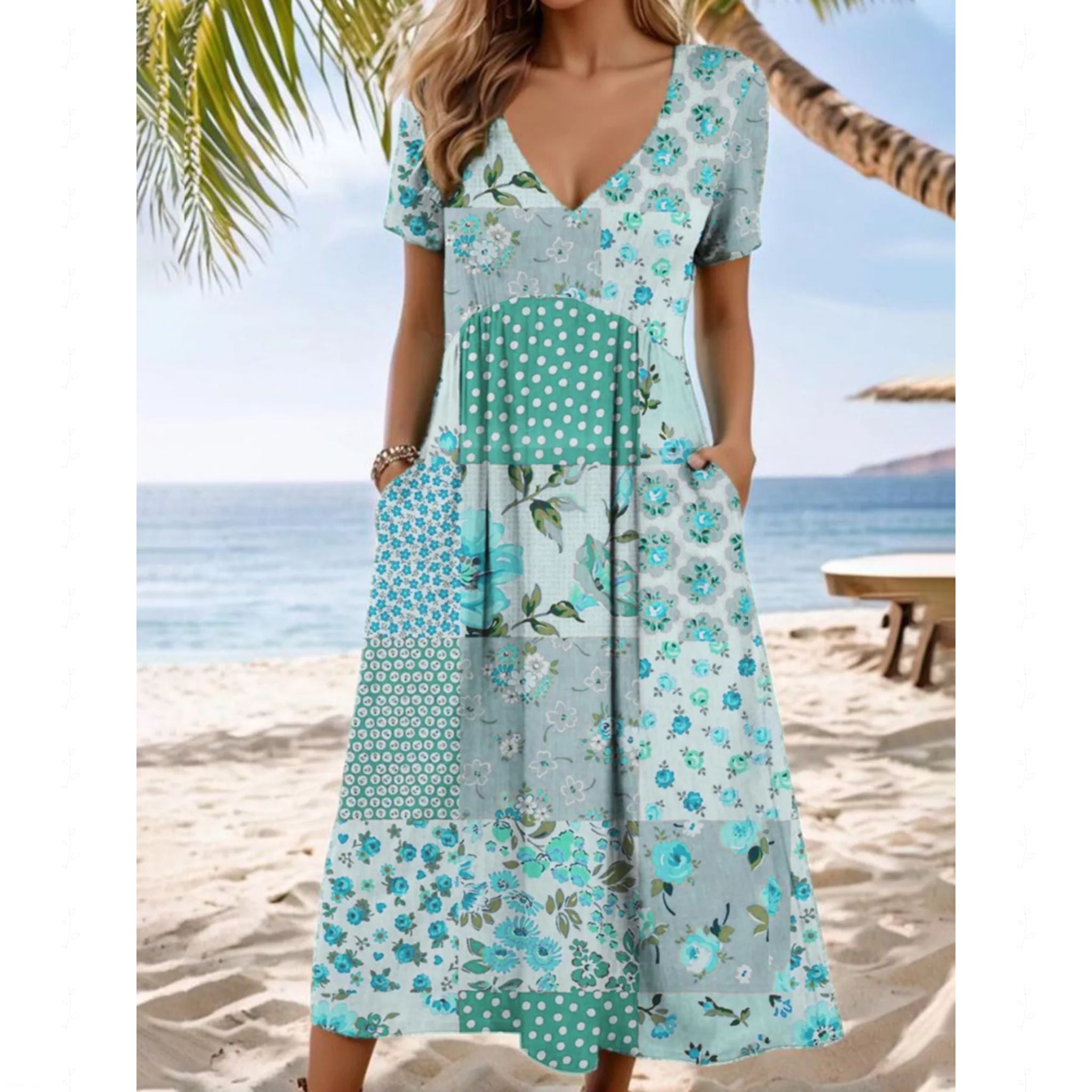 Full Size Floral V-Neck Casual Midi Dress Plus Size