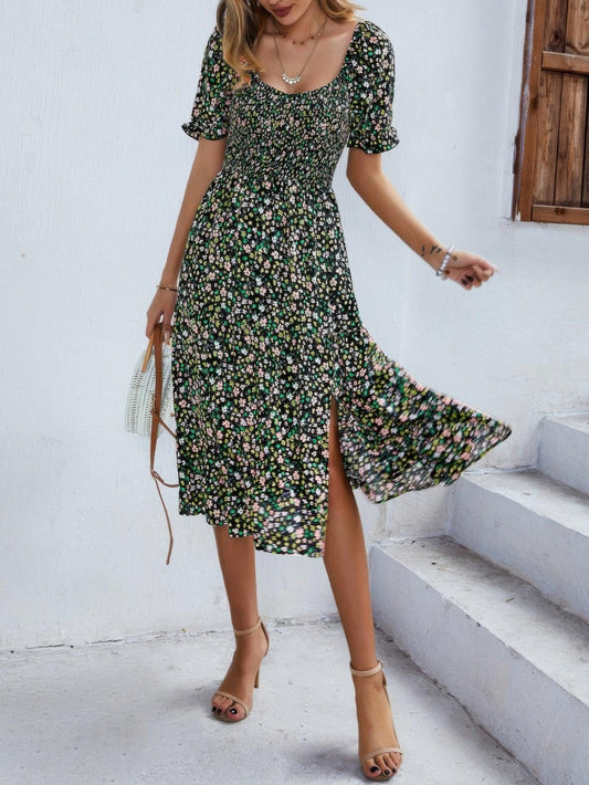 Bohemia Floral Puff Sleeve Flounce Sleeve Dress - minbolu -