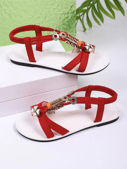 Bohemian Beaded T-Strap Flat Sandals - minbolu -