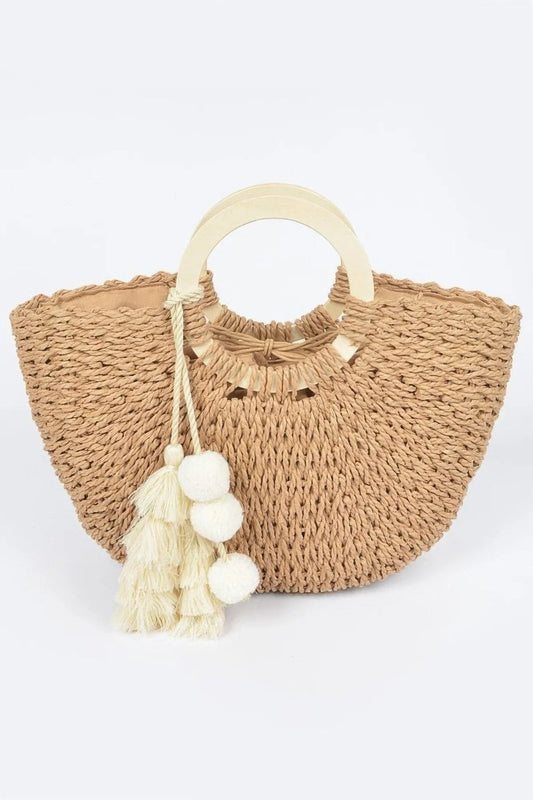 Woven Cotton Wood Handle Tote Bag - minbolu -