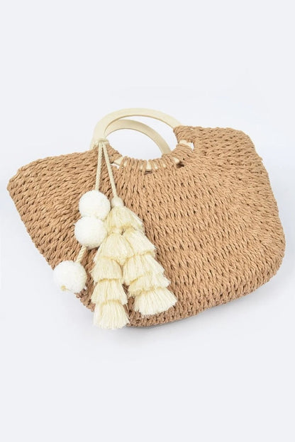 Woven Cotton Wood Handle Tote Bag - minbolu -