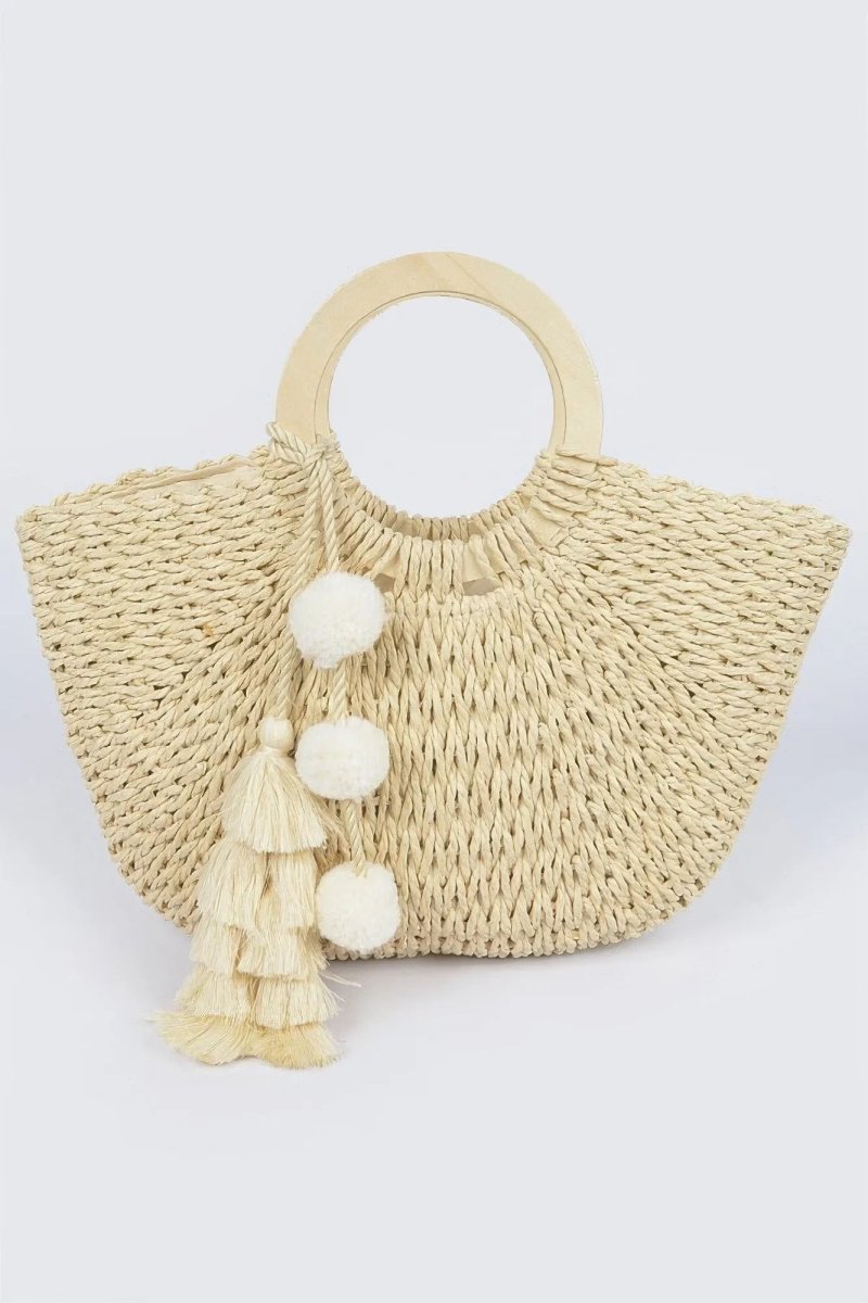 Woven Cotton Wood Handle Tote Bag - minbolu -