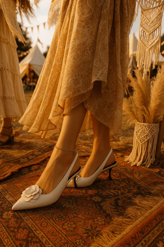 Floral Slingback Heels - White Mid-Heels for Work & Casual Wear - minbolu -