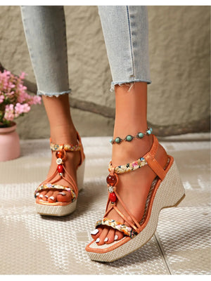 Bohemian Floral Beaded Wedge Sandals - minbolu -
