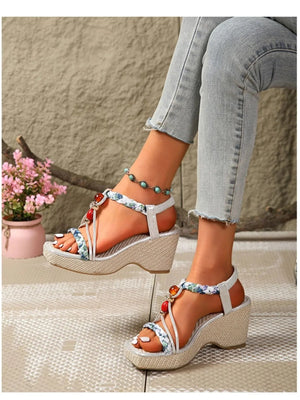Bohemian Floral Beaded Wedge Sandals - minbolu -