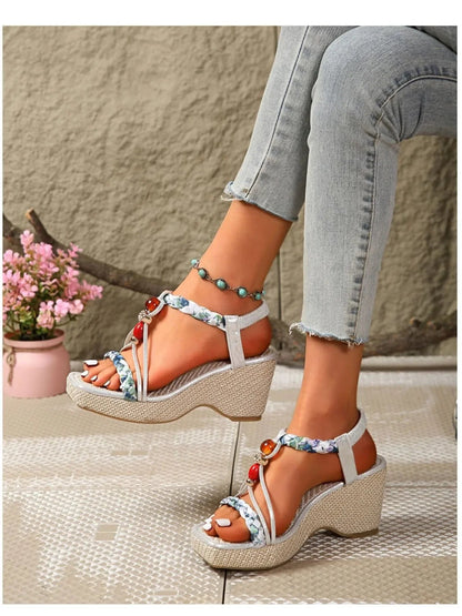 Bohemian Floral Beaded Wedge Sandals - minbolu