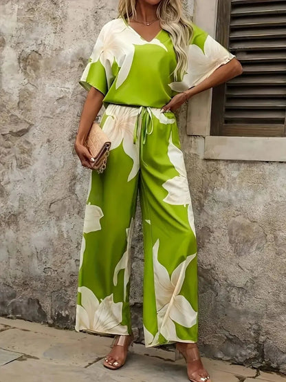 Bohemian Floral Wide Leg Pants Set - Festival V - Neck Two Piece - minbolu