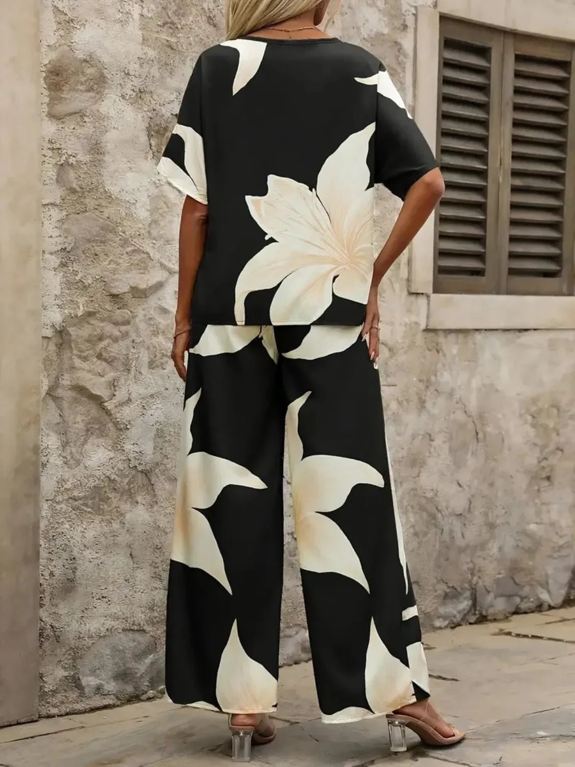 Bohemian Floral Wide Leg Pants Set - Festival V - Neck Two Piece - minbolu