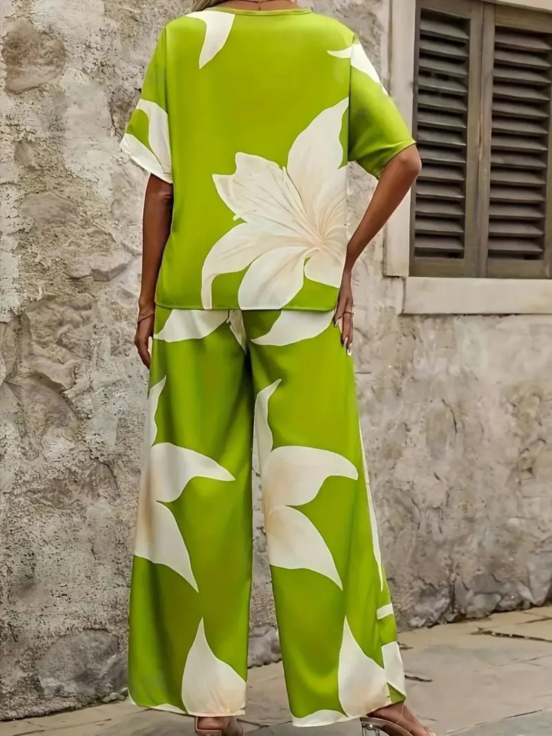 Bohemian Floral Wide Leg Pants Set - Festival V - Neck Two Piece - minbolu