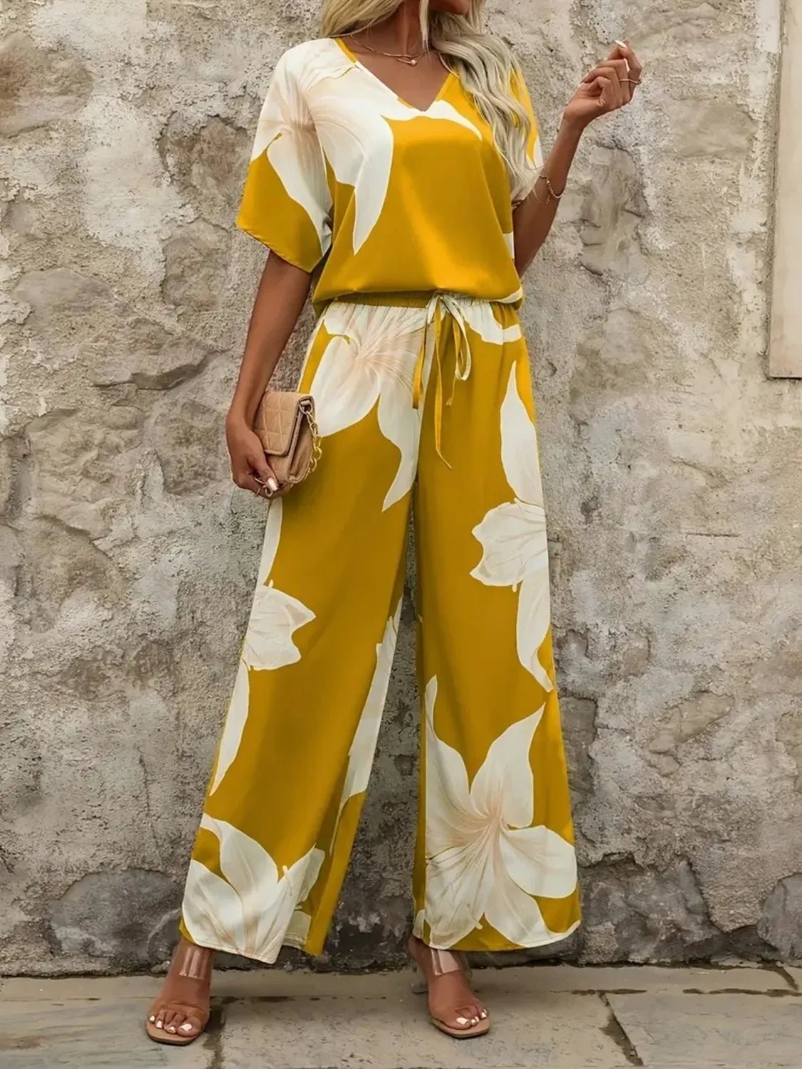 Bohemian Floral Wide Leg Pants Set - Festival V - Neck Two Piece - minbolu