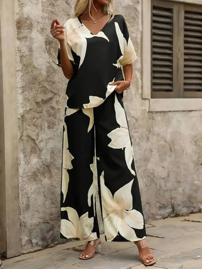 Bohemian Floral Wide Leg Pants Set - Festival V - Neck Two Piece - minbolu