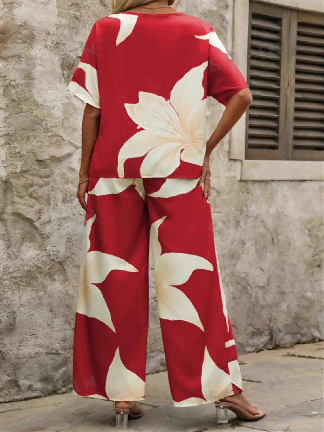 Bohemian Floral Wide Leg Pants Set - Festival V - Neck Two Piece - minbolu